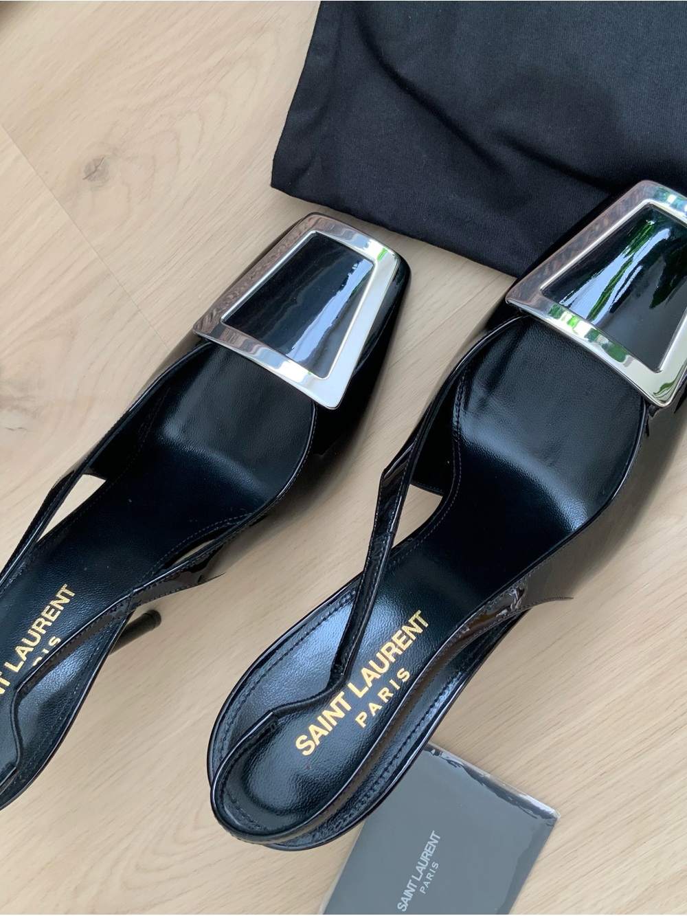 Saint Laurent Black Patent Slingback Heels with Silver Accent - Picture 3 of 8